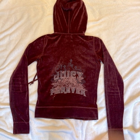 AUTHENTIC JUICY FOREVER 2002 Dark Burgundy Distressed Hooded Velour Jacket - Picture 1 of 2